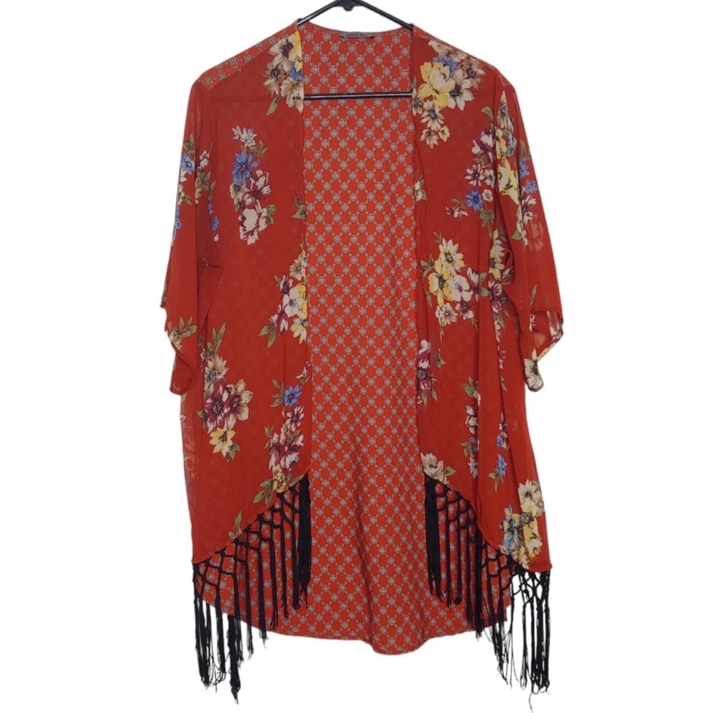 West Kei Womens Red Floral Fringe Kimono S Open Front Resortwear Beach Coverup